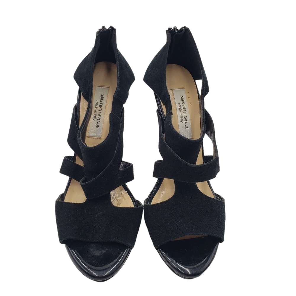 Saks Fifth Avenue Italy Womens 8 Suede Patent Peep Toe Strappy Heeled Sandals